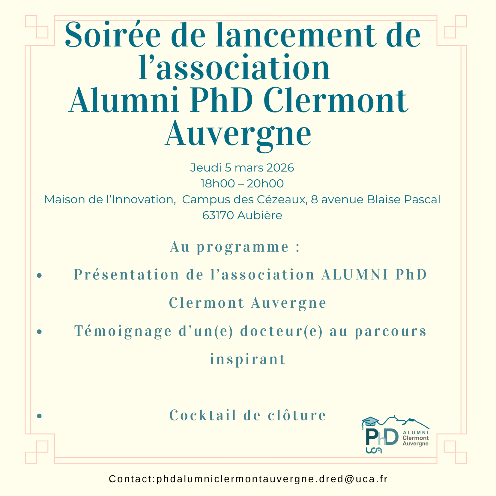 invitation soirée de lancement Alumni PhD Clermont Auvergne